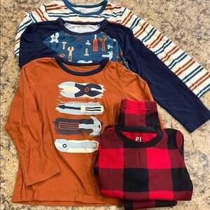 Bundle of Tool Print Kids long sleeve Shirts and a plaid PJ set, size 5
